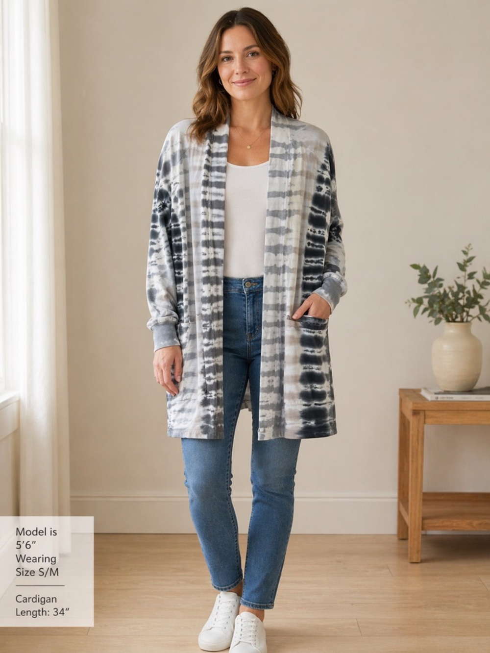 Electric & Rose Tie-Dye Open Front Long Cardigan, Black White Neutral, XS/S Chic
